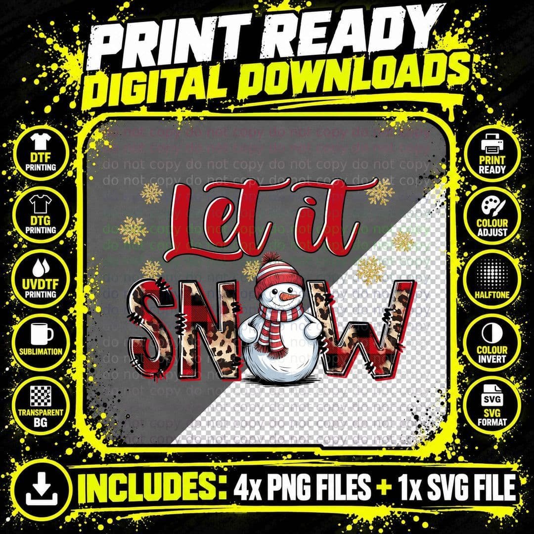 Let It Snow Winter T-Shirt, Snowman in Leopard Print Png SVG Digital Bundle