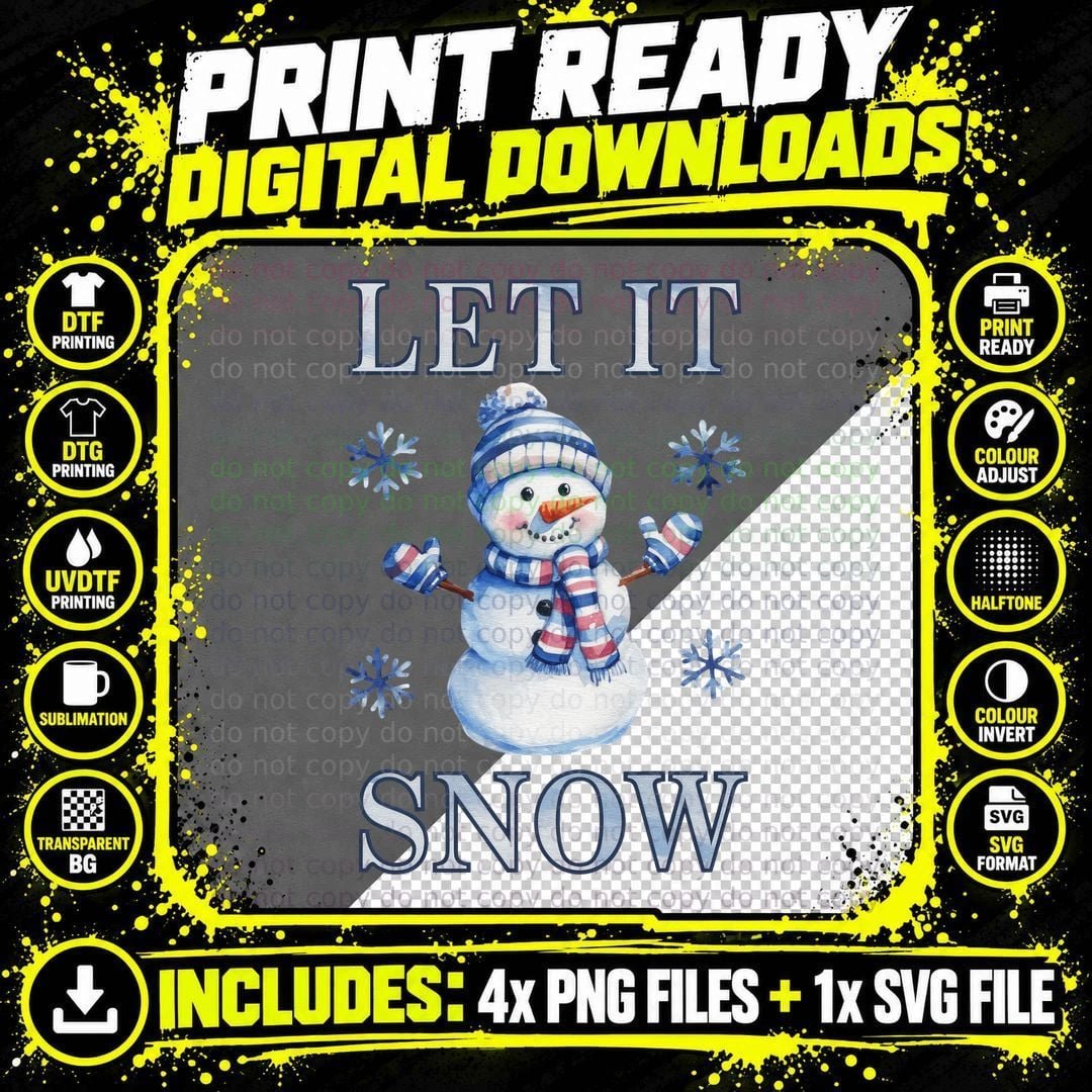 Let It Snow Winter T-Shirt, Snowman in Striped Hat and Png SVG Digital Bundle