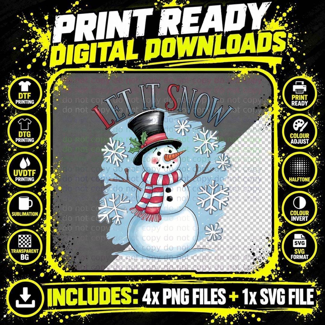 Let It Snow Winter T-Shirt, Snowman in Winter Attire Png SVG Digital Bundle