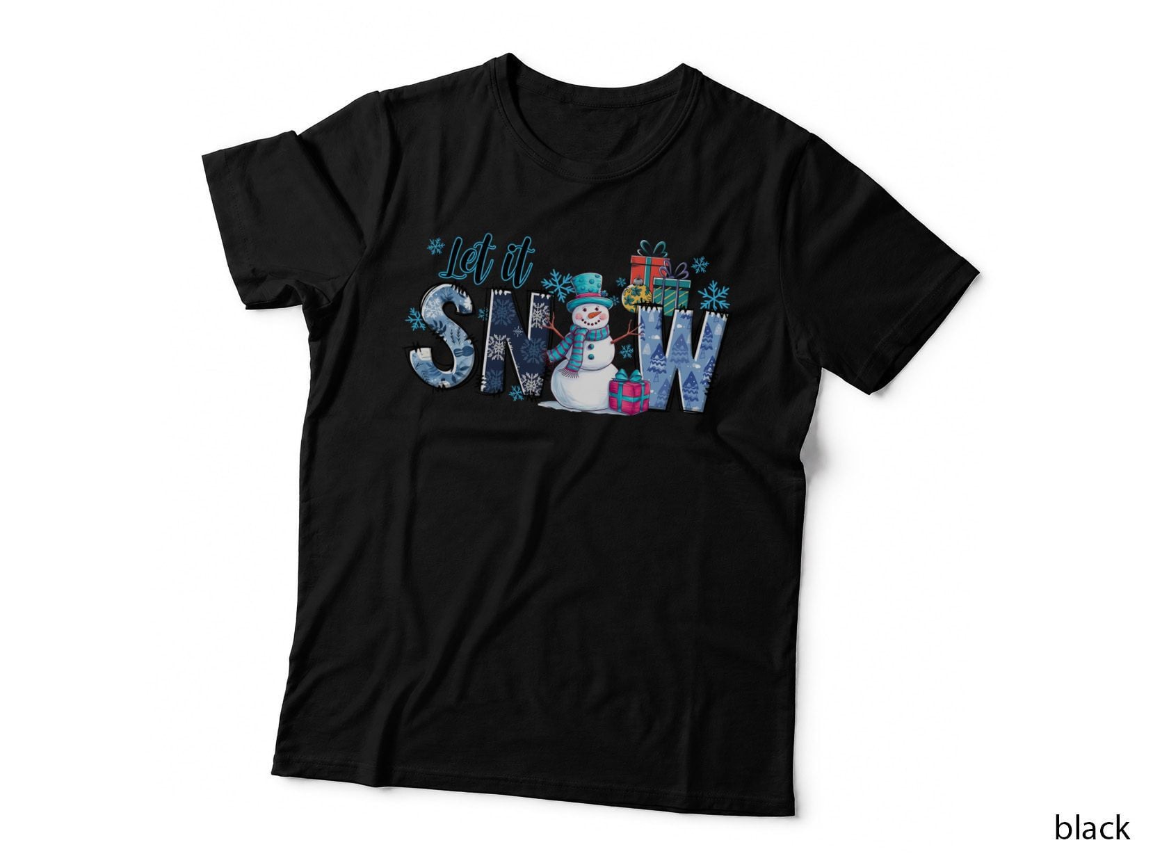 Let It Snow Winter T-Shirt, Snowman with Gifts and Snowflakes Graphic Tee