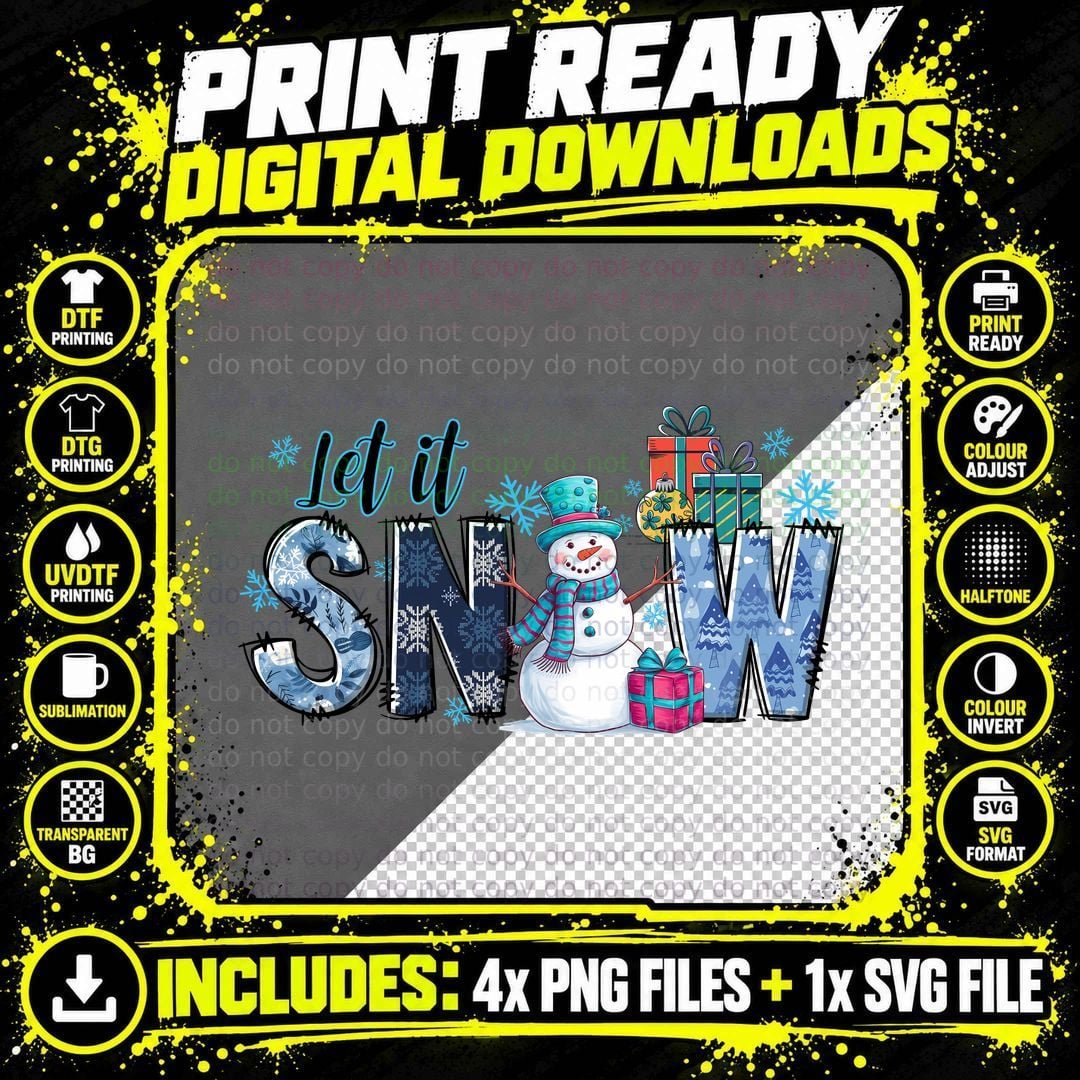 Let It Snow Winter T-Shirt, Snowman with Gifts and Png SVG Digital Bundle