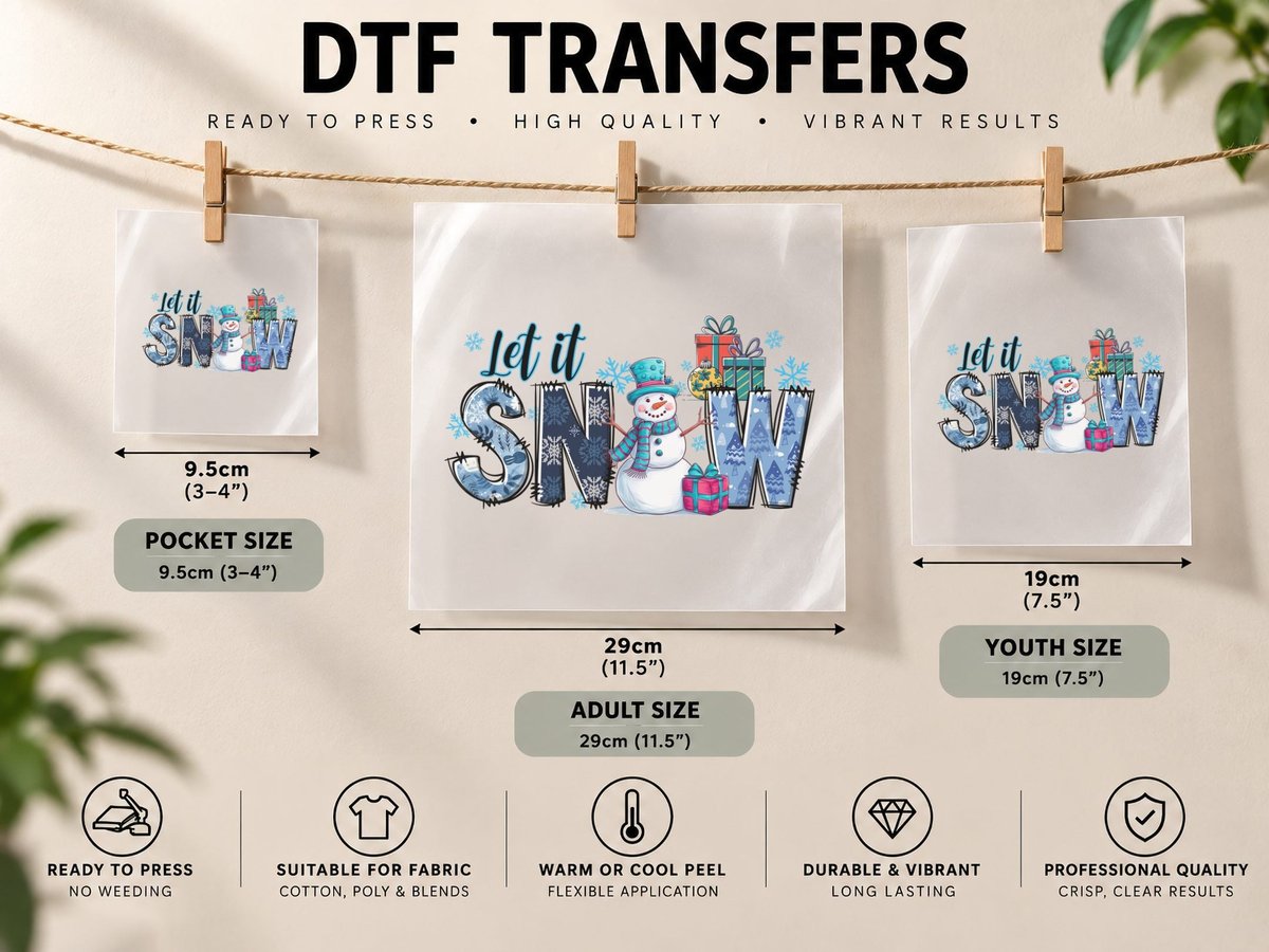 Let It Snow Winter, Snowman with Gifts and Snowflakes DTF Transfer Iron On