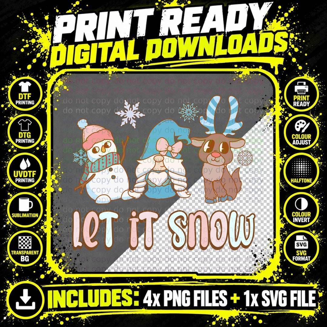Let It Snow Winter T-Shirt, Winter Snowman Elf Reindeer Png SVG Digital Bundle