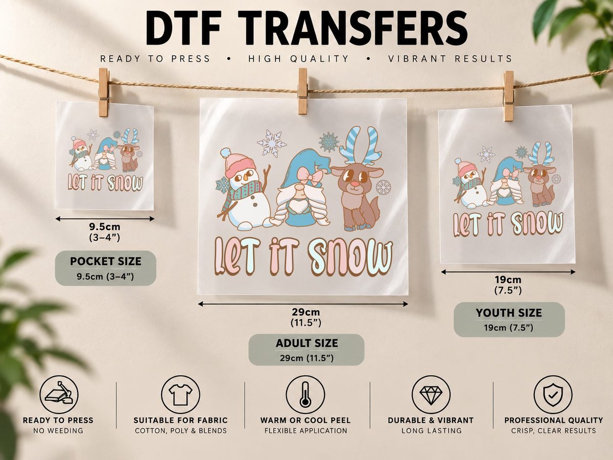 Let It Snow Winter, Winter Snowman Elf Reindeer Graphic DTF Transfer Iron On
