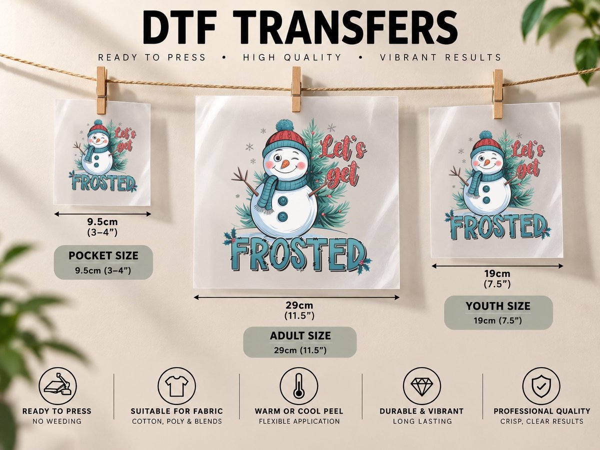 Let's Get Frosted Winter, Festive Snowman with Pine DTF Transfer Iron On