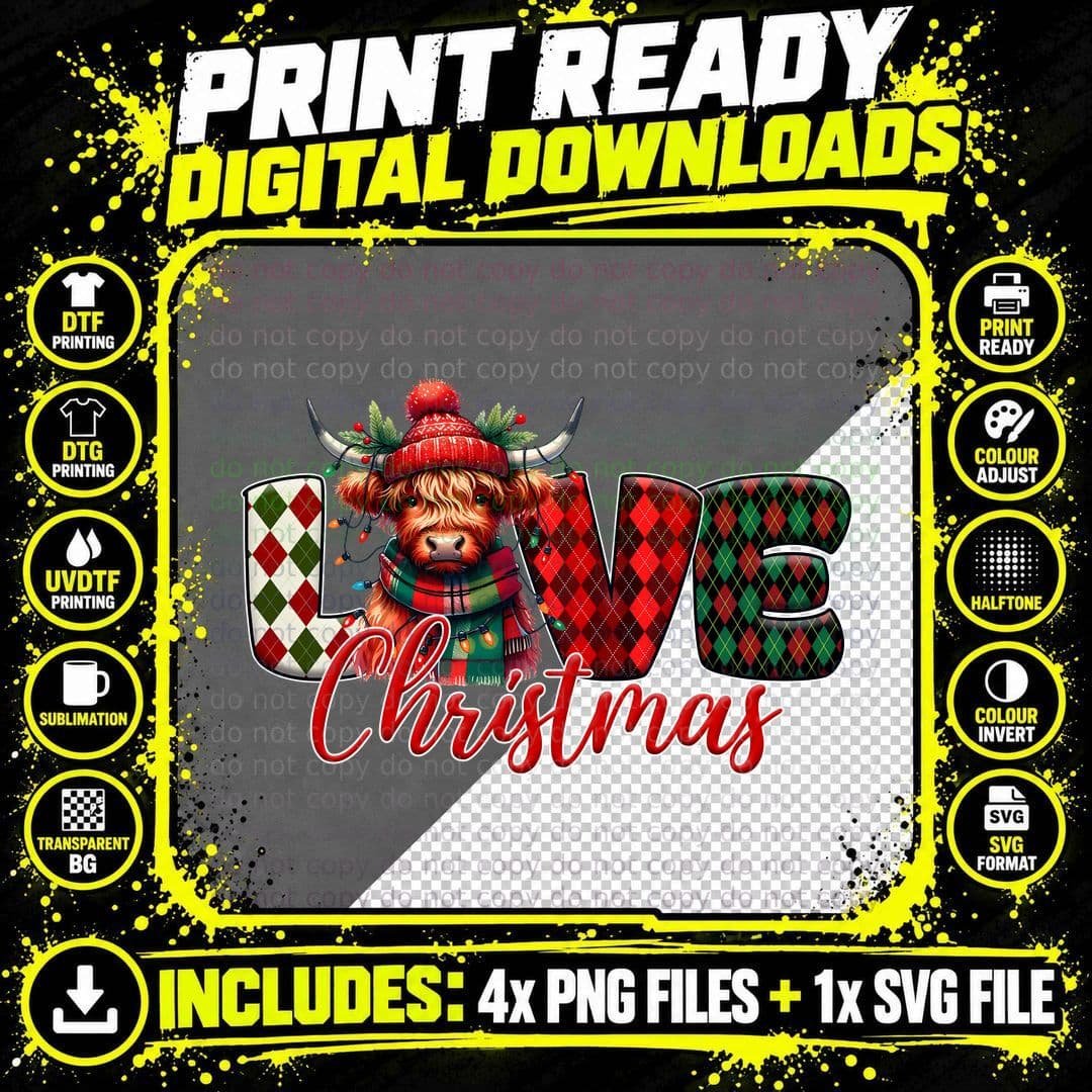 Love Christmas Highland Cow T-Shirt Png SVG Digital Bundle