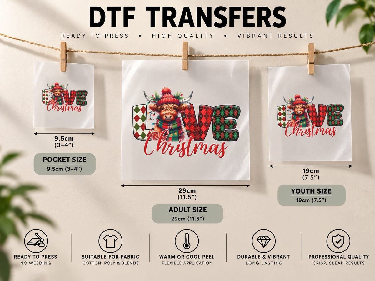 Love Christmas Highland Cow, Highland Cow in Festive DTF Transfer Iron On