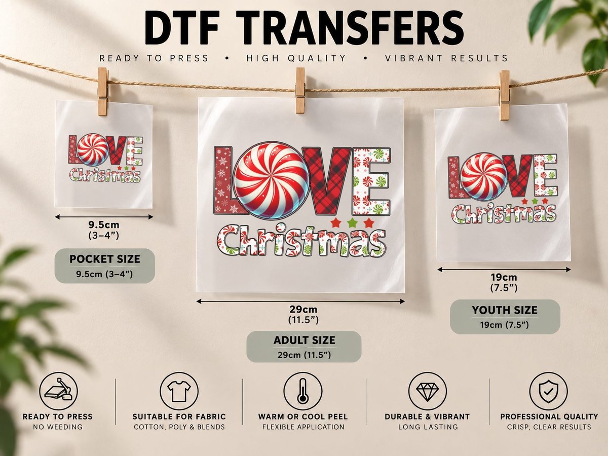 Love Christmas Winter, Christmas-Themed Candy Cane Swirls DTF Transfer Iron On