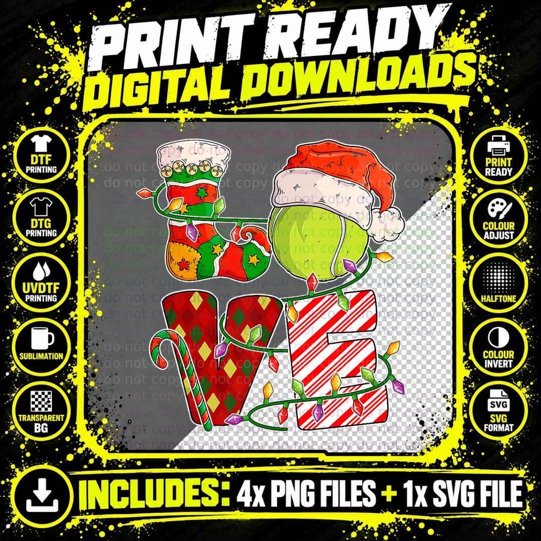 Love Tennis Christmas Tennis Player Xmas Party Png SVG Digital Bundle