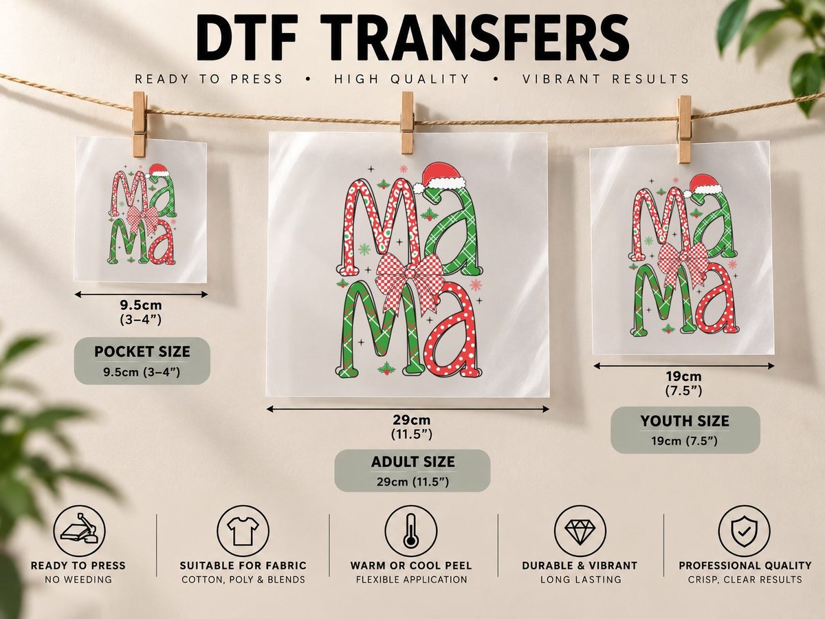 Mama Christmas, Festive Christmas Typography with Graphic DTF Transfer Iron On