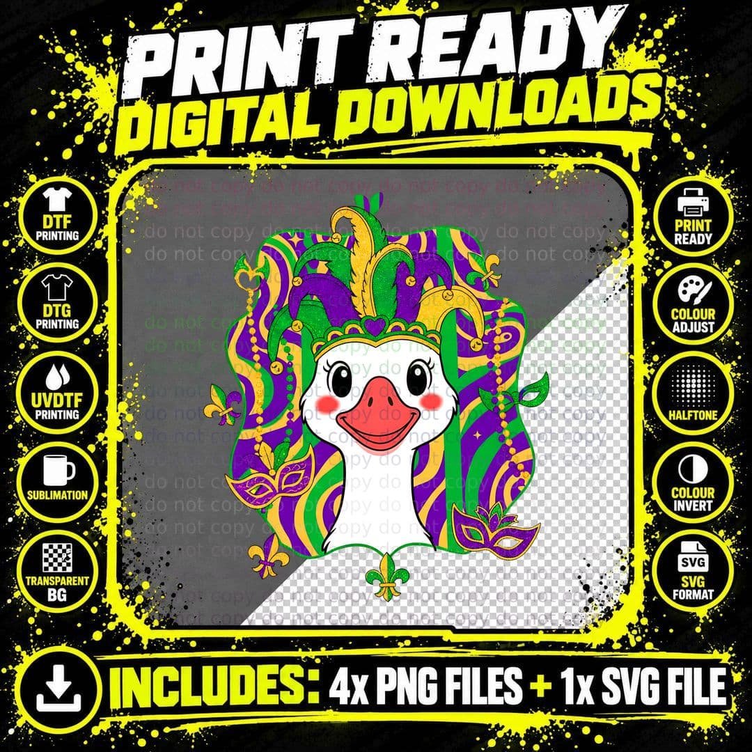 Mardi Gras Duck in Festive Costume Funny Goose T-Shirt Png SVG Digital Bundle