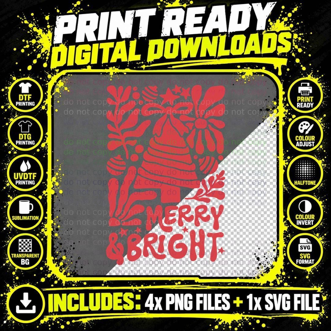 Merry & Bright Boho Floral Quote T-Shirt Png SVG Digital Bundle