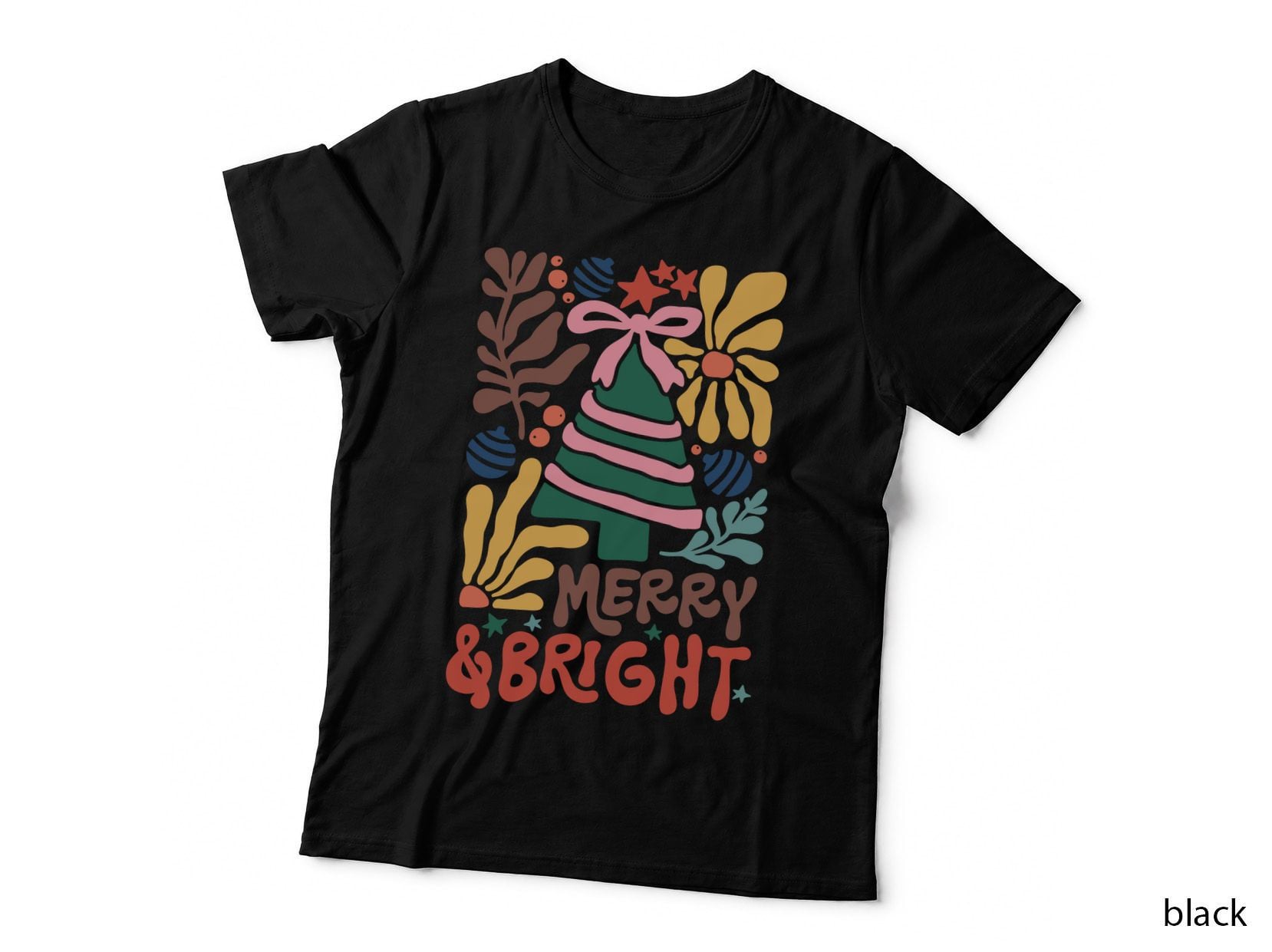 Merry & Bright Boho Floral Quote T-Shirt, Festive Christmas Tree with Graphic