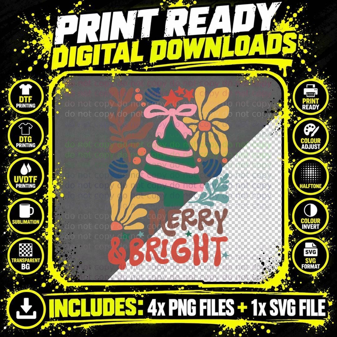 Merry & Bright Boho Floral Quote T-Shirt Png SVG Digital Bundle