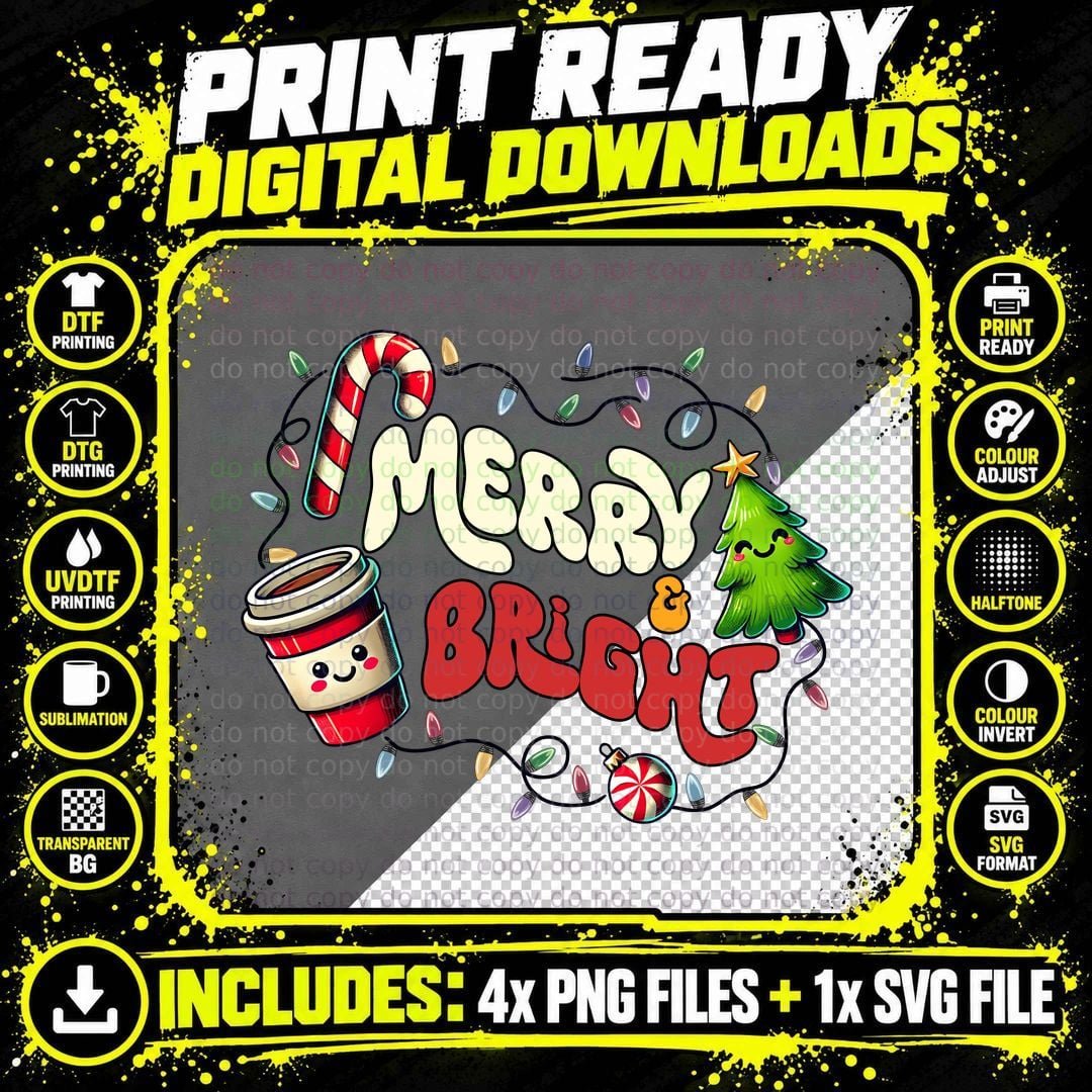 Merry & Bright Winter T-Shirt, Festive Holiday Elements Png SVG Digital Bundle