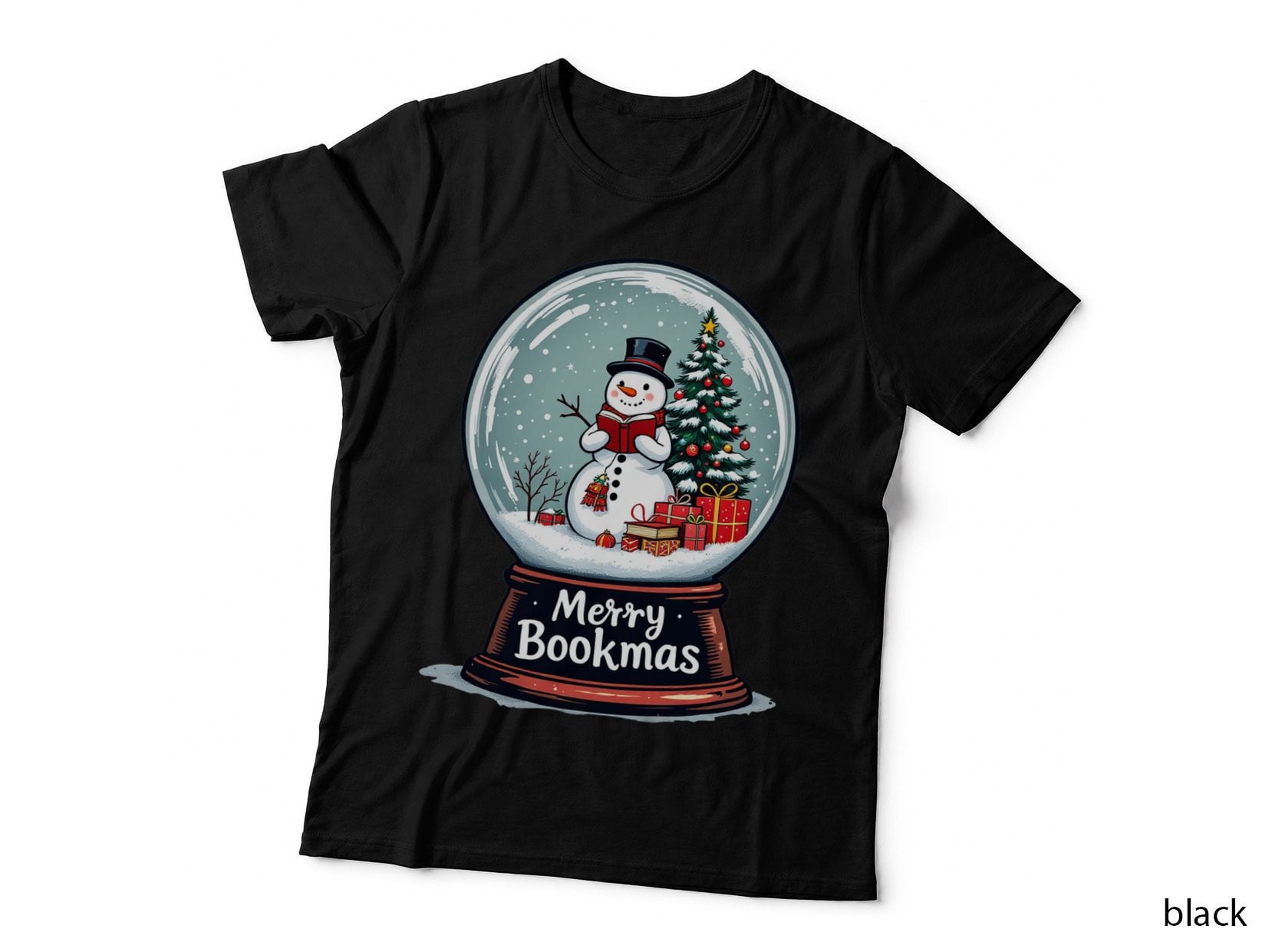 Merry Bookmas Coffee T-Shirt, Snow Globe with Snowman Reading Book Graphic Tee