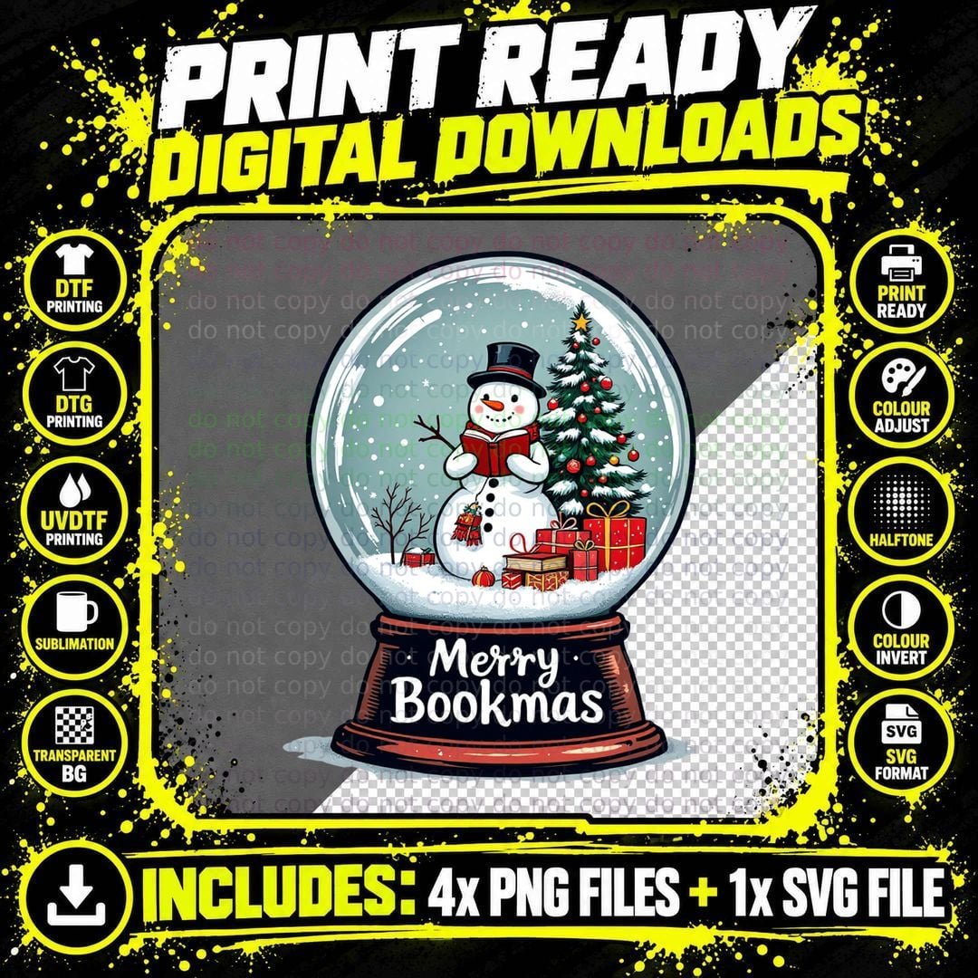 Merry Bookmas Coffee T-Shirt, Snow Globe with Snowman Png SVG Digital Bundle