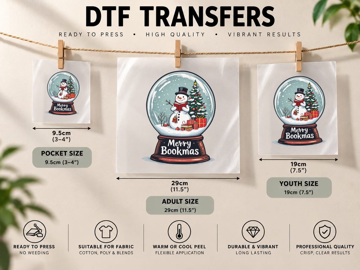 Merry Bookmas Coffee, Snow Globe with Snowman Reading Book DTF Transfer Iron On