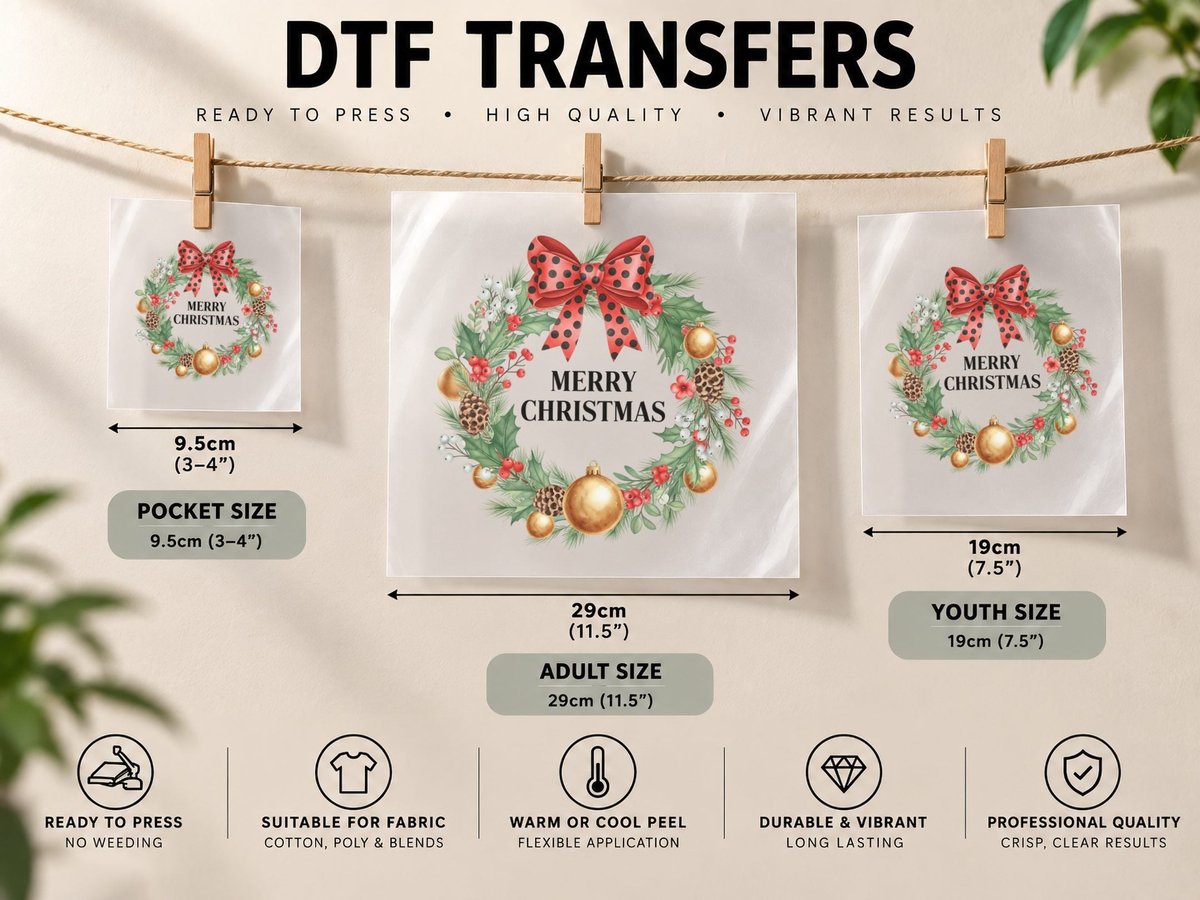 Merry Christmas Art, Festive Christmas Wreath with Graphic DTF Transfer Iron On