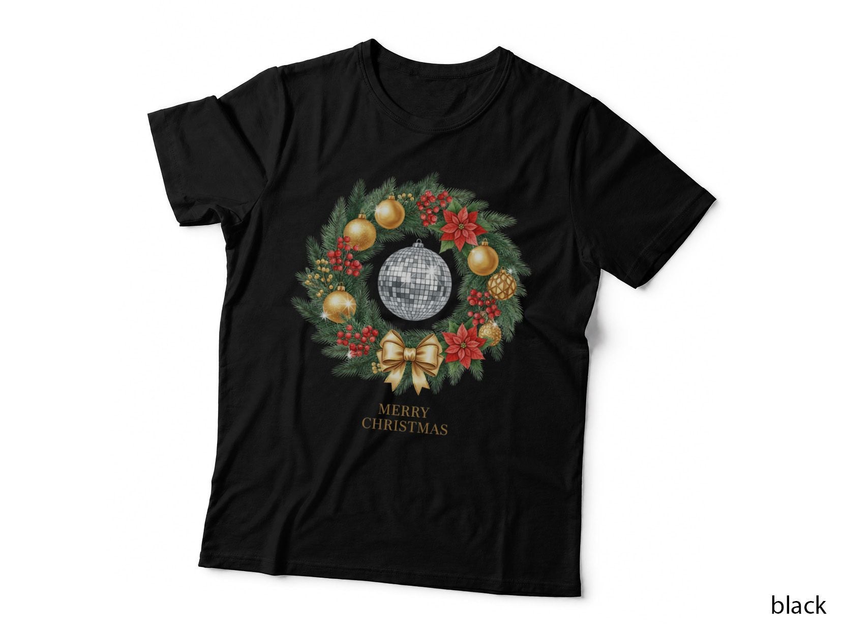 Merry Christmas Print T-Shirt, Festive Christmas Wreath with Graphic