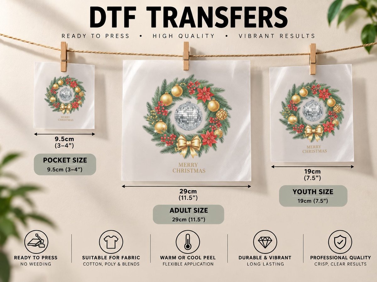 Merry Christmas Print, Festive Christmas Wreath with DTF Transfer Iron On