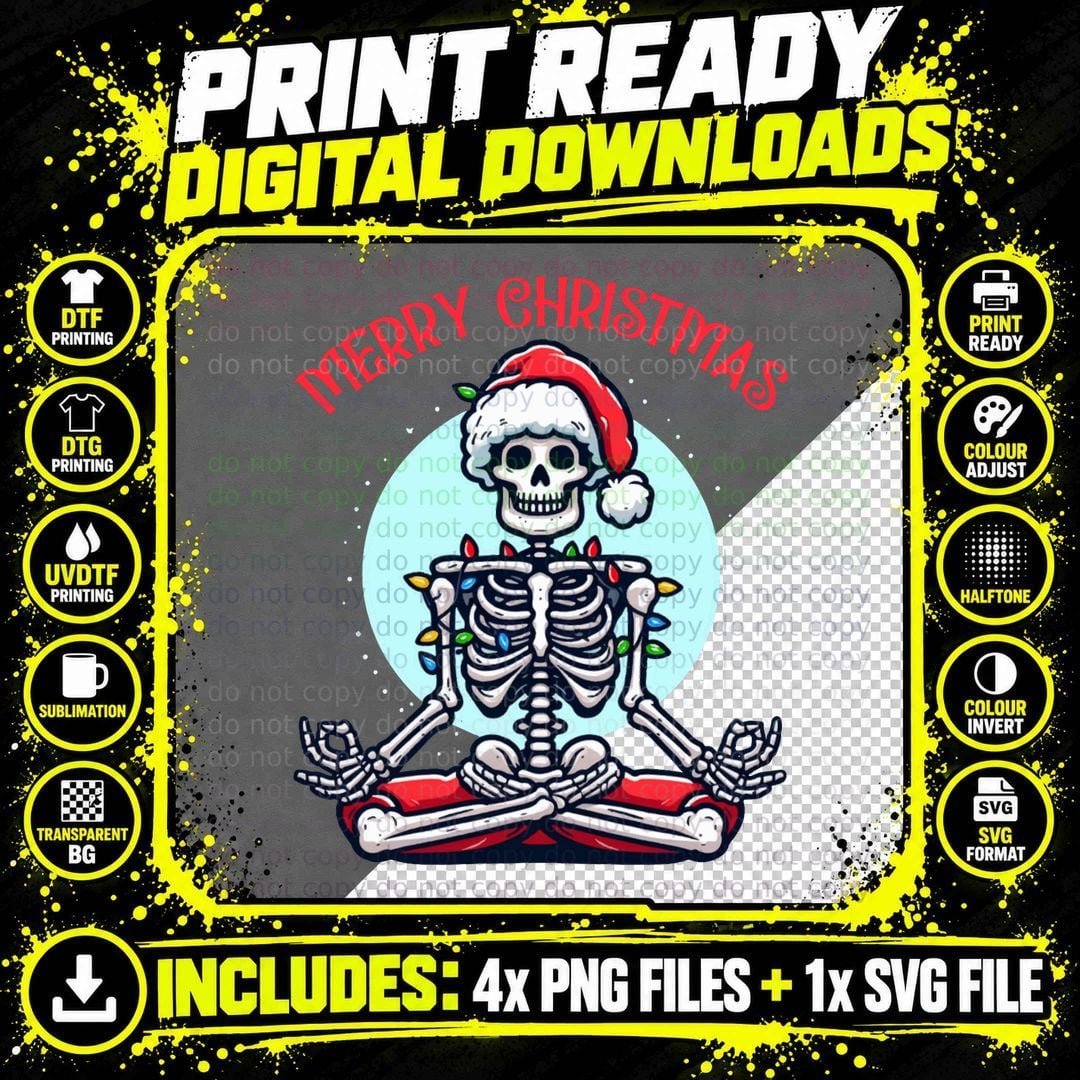 Merry Christmas Skeleton Meditation Christmas, Halloween Png SVG Digital Bundle
