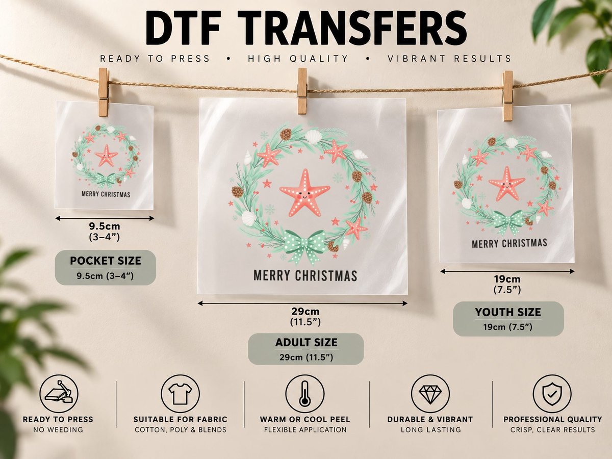Merry Christmas, Coastal Christmas Wreath with Graphic DTF Transfer Iron On