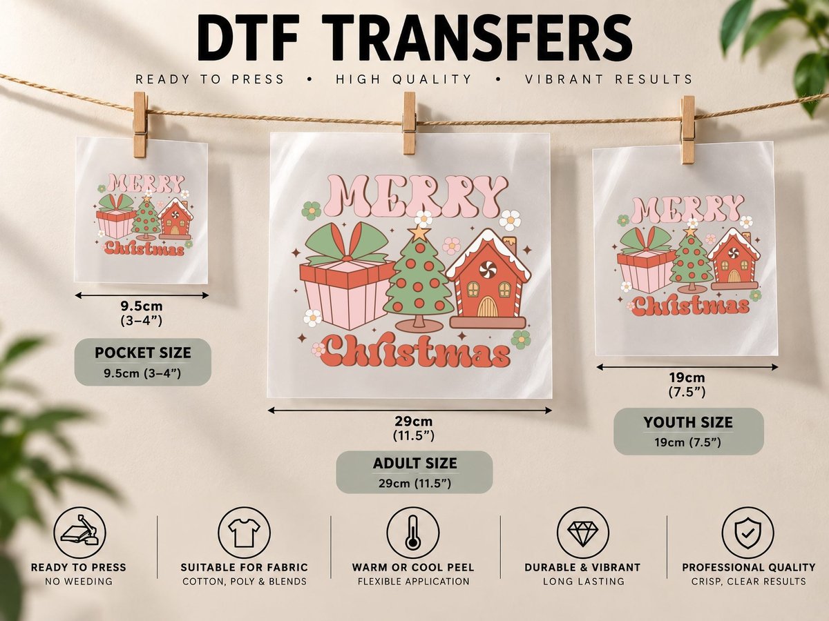 Merry Christmas, Festive Christmas Scene with Tree Graphic DTF Transfer Iron On