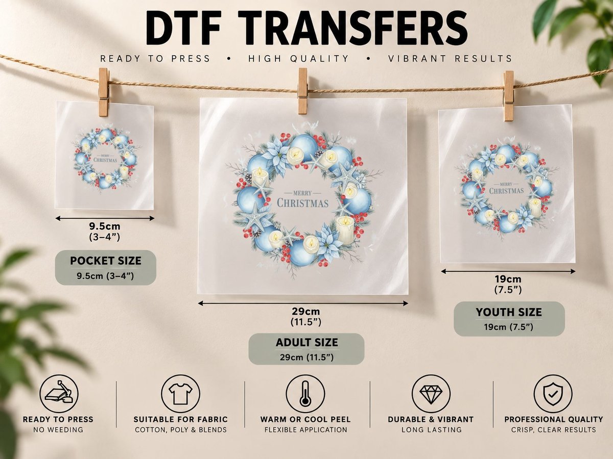 Merry Christmas, Festive Christmas Wreath with Blue Graphic DTF Transfer Iron On
