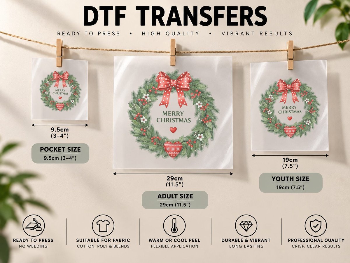 Merry Christmas, Festive Christmas Wreath with Bow Graphic DTF Transfer Iron On