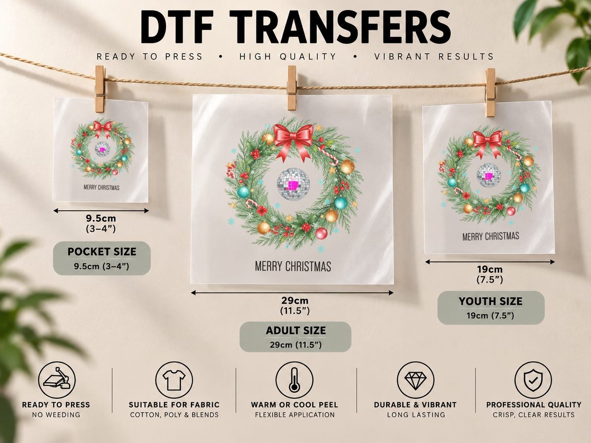 Merry Christmas, Festive Christmas Wreath with Disco DTF Transfer Iron On
