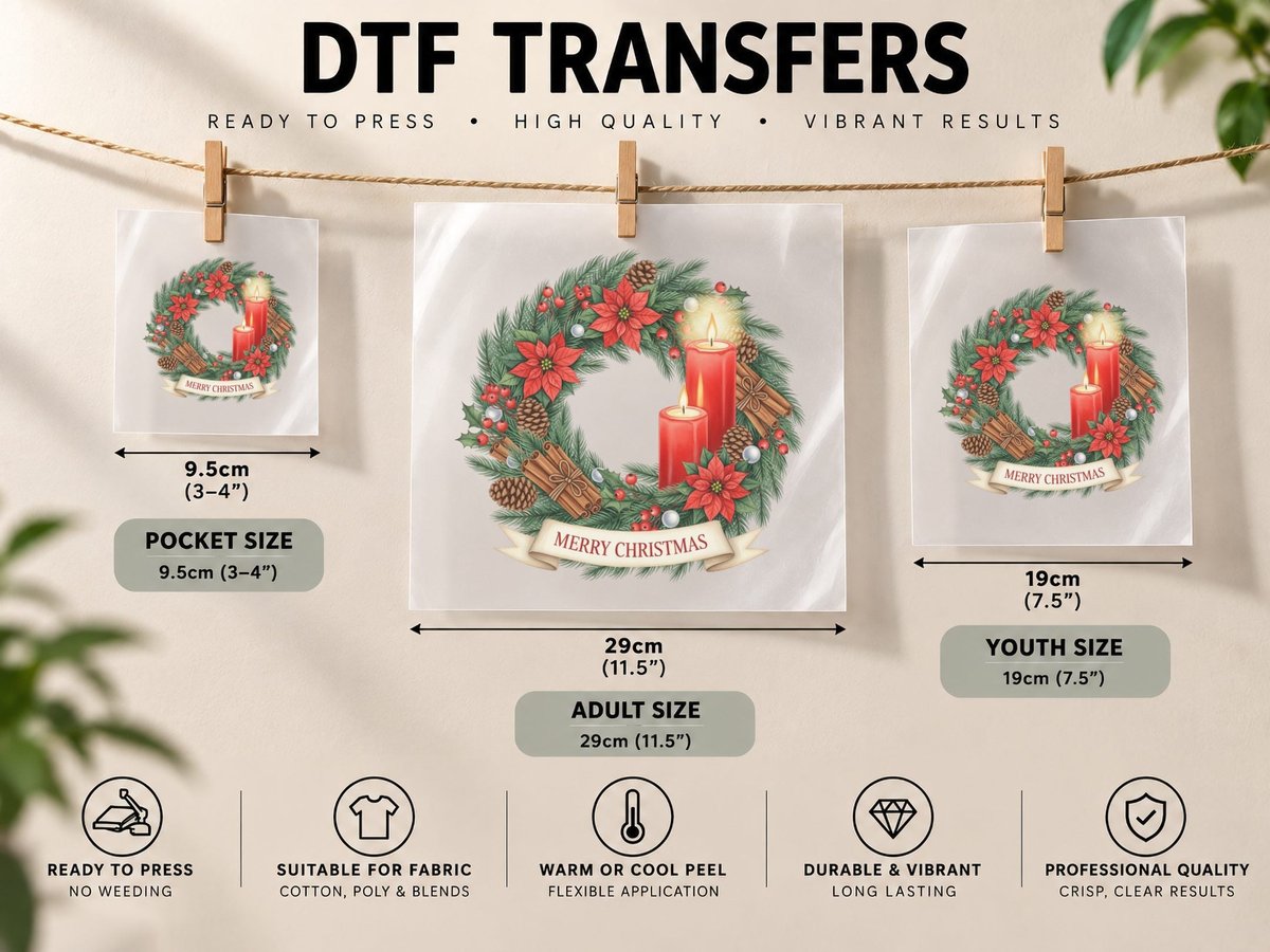 Merry Christmas, Festive Christmas Wreath with Graphic DTF Transfer Iron On