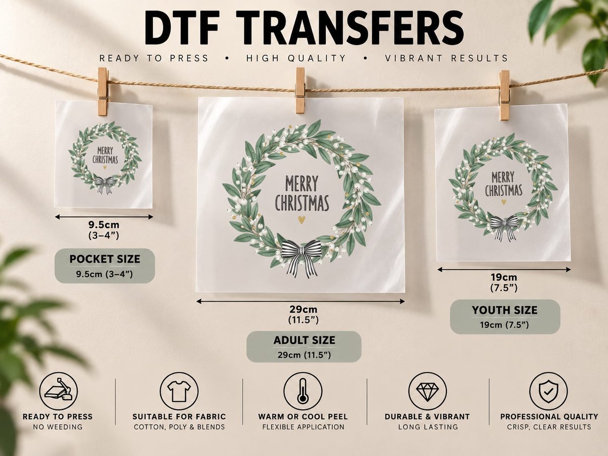 Merry Christmas, Festive Wreath with Berries and Bow DTF Transfer Iron On