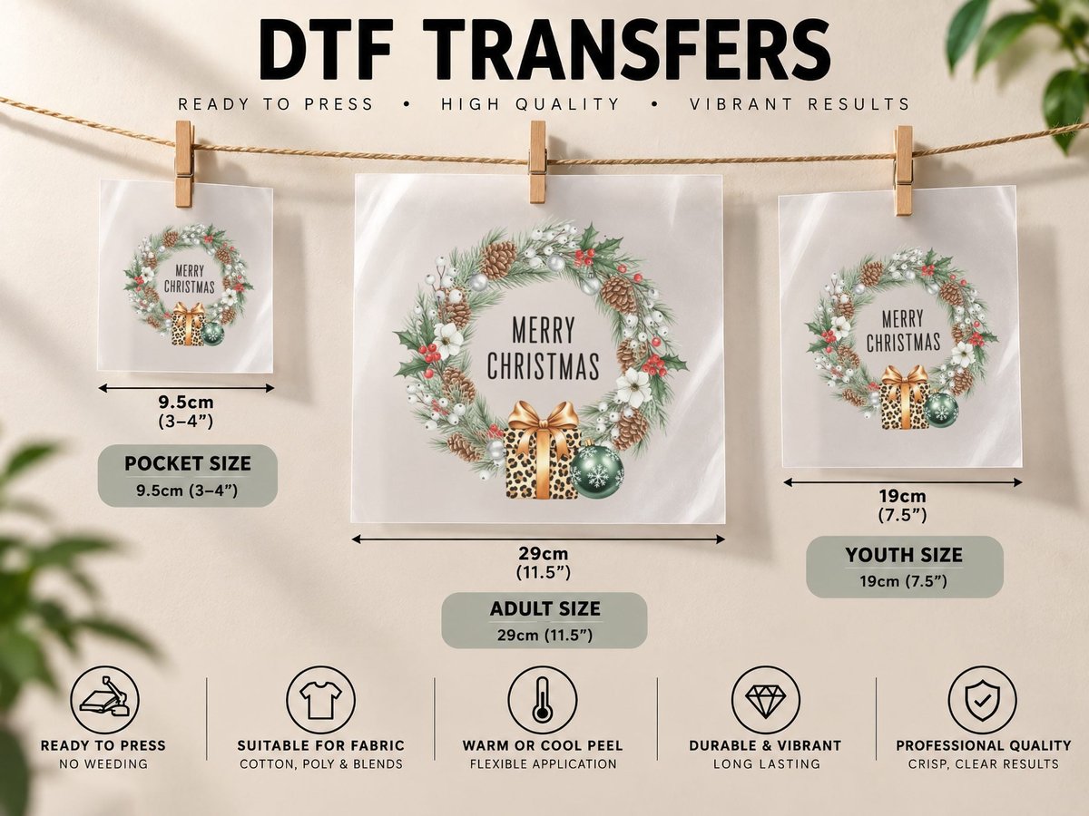 Merry Christmas, Festive Wreath with Pinecones and Graphic DTF Transfer Iron On