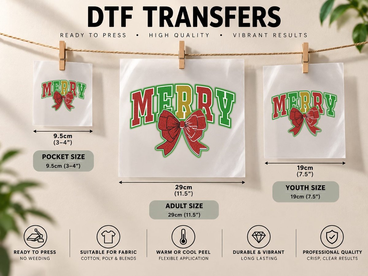 Merry Christmas, Glittery Christmas Bow Graphic DTF Transfer Iron On