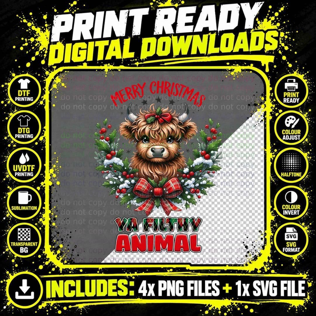 Merry Christmas Ya Filthy Animal Highland Cow T-Shirt Png SVG Digital Bundle