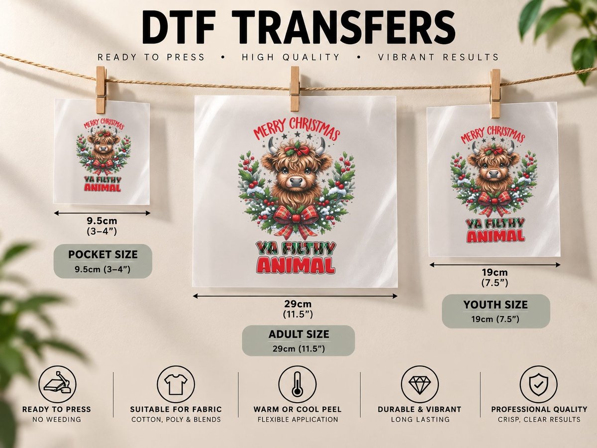 Merry Christmas Ya Filthy Animal Highland Cow DTF Transfer Iron On
