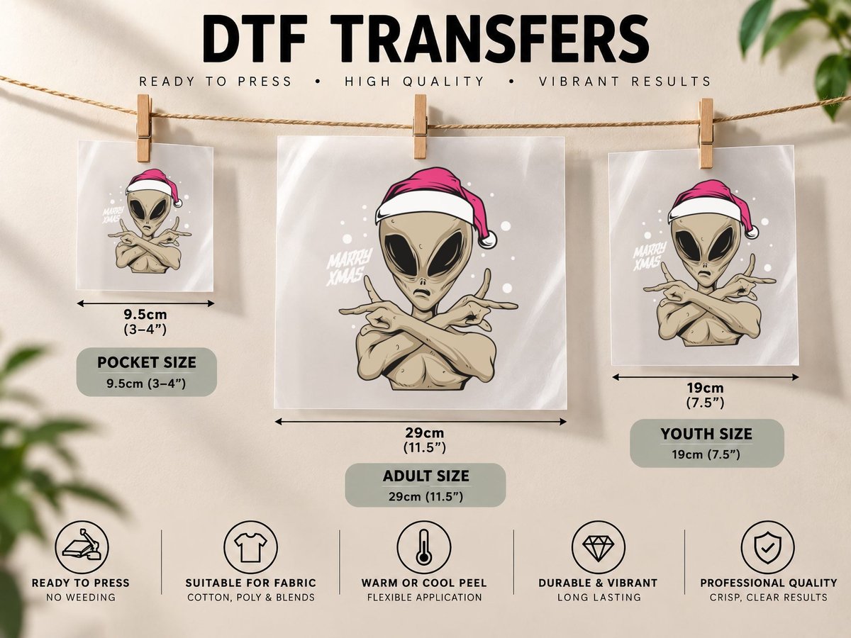 Merry Xmas Alien with Santa Hat Christmas Holiday Space DTF Transfer Iron On