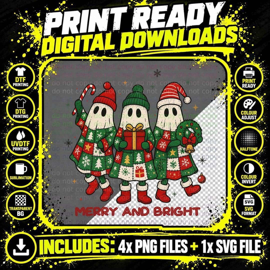Merry and Bright Christmas T-Shirt, Funny Xmas Tee Png SVG Digital Bundle