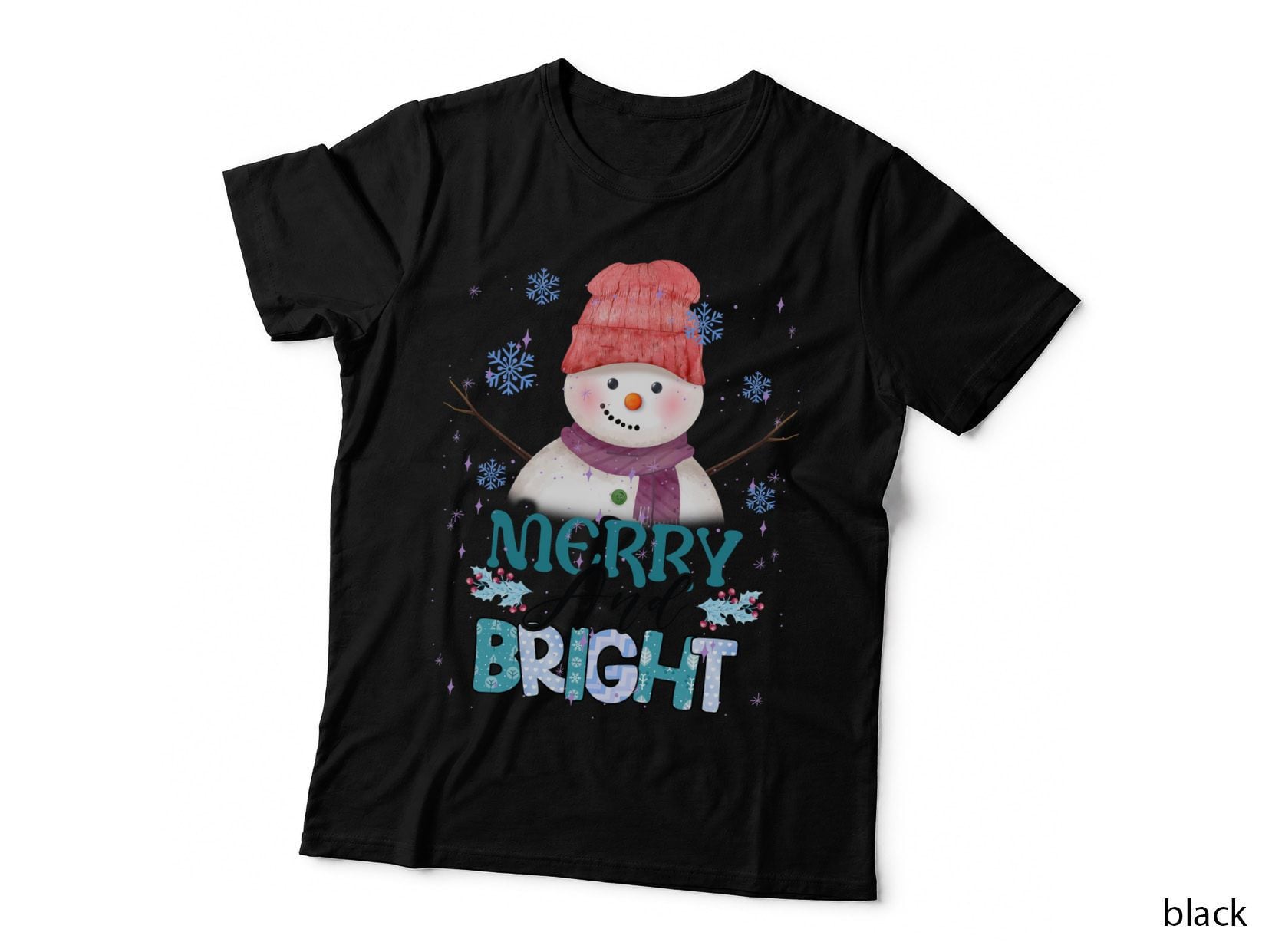 Merry and Bright Winter T-Shirt, Festive Snowman with Scarf and Hat Graphic Tee