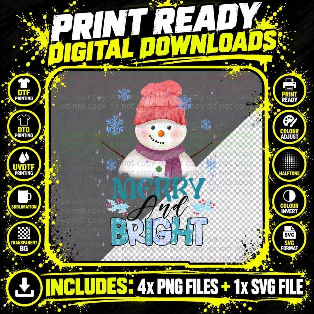 Merry and Bright Winter T-Shirt, Festive Snowman with Png SVG Digital Bundle
