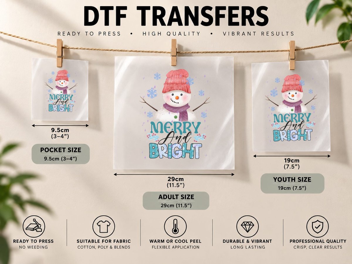 Merry and Bright Winter, Festive Snowman with Scarf and DTF Transfer Iron On
