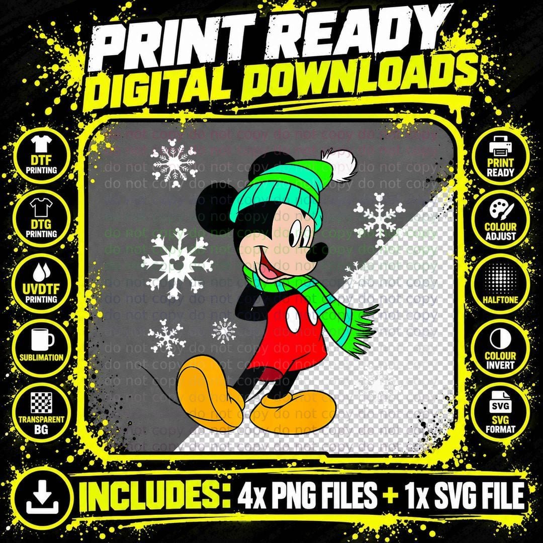 Mickey Mouse Holiday Snowflakes Portrait Christmas Png SVG Digital Bundle