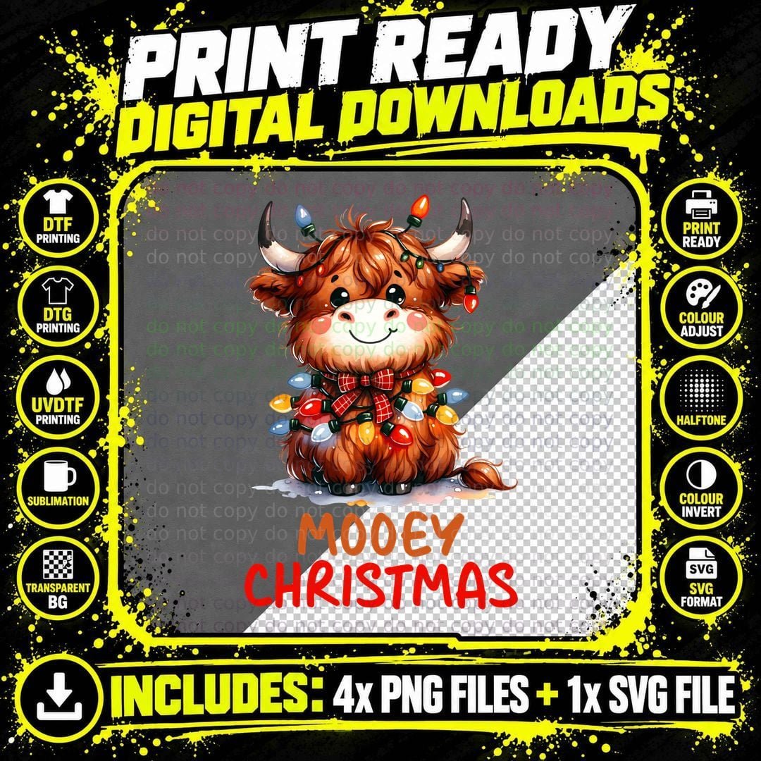 Mooey Christmas Highland Cow T-Shirt Png SVG Digital Bundle