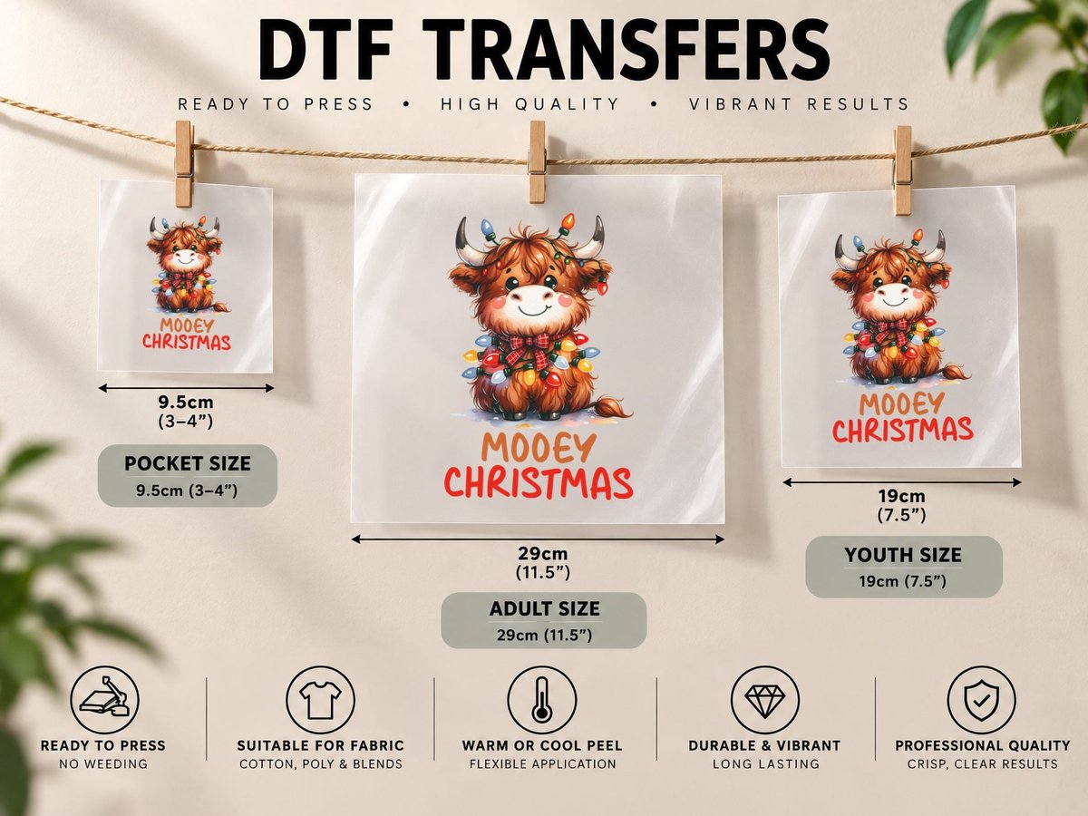 Mooey Christmas Highland Cow, Festive Highland Cow with DTF Transfer Iron On