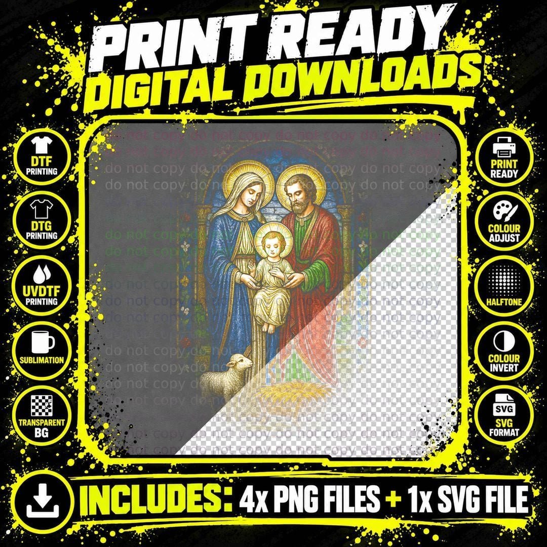 Nativity Scene T-Shirt, Halftone Stained Glass Nativity Png SVG Digital Bundle