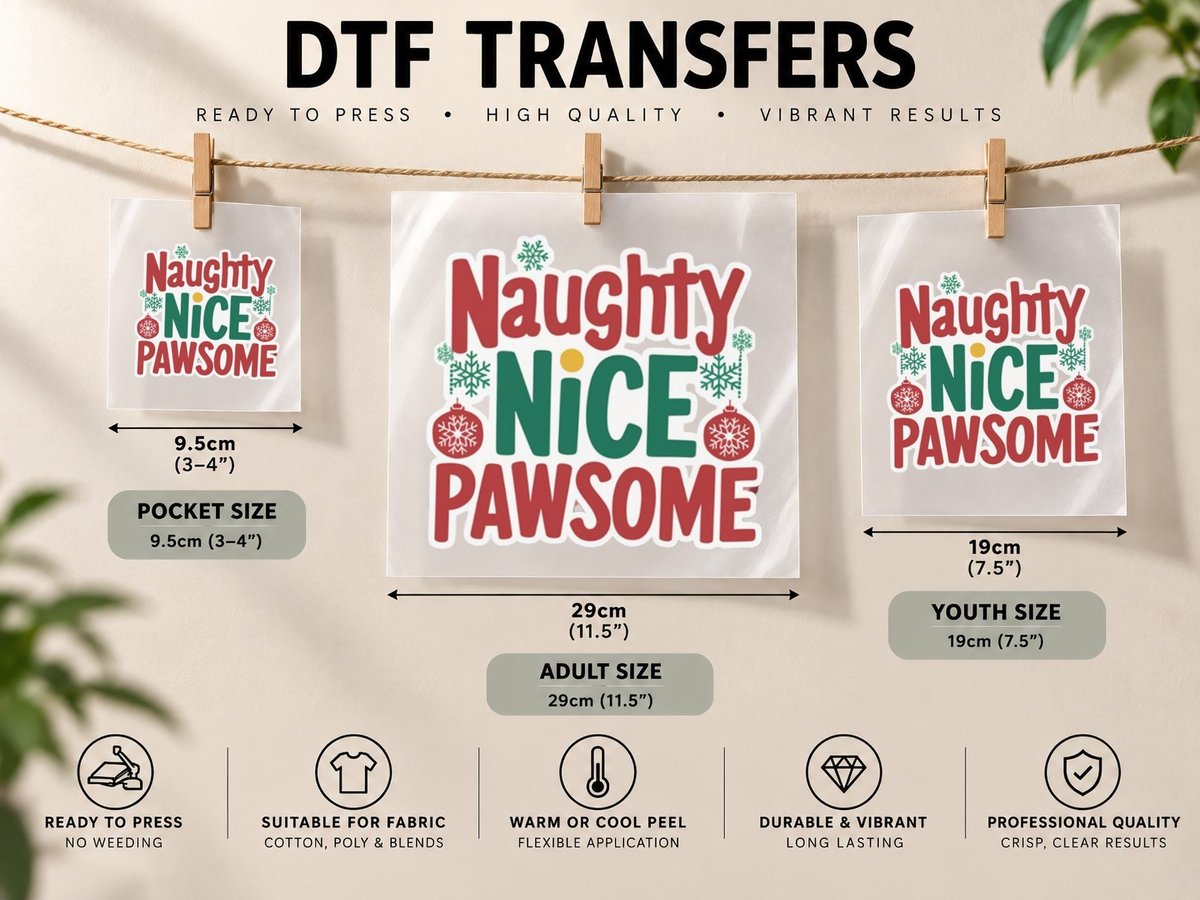 Naughty Nice Pawsome Christmas, Funny Xmas DTF Transfer Iron On