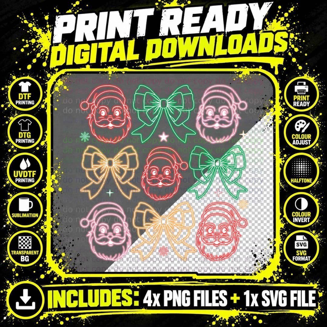 Neon Santa Faces & Bows Christmas T-Shirt Png SVG Digital Bundle