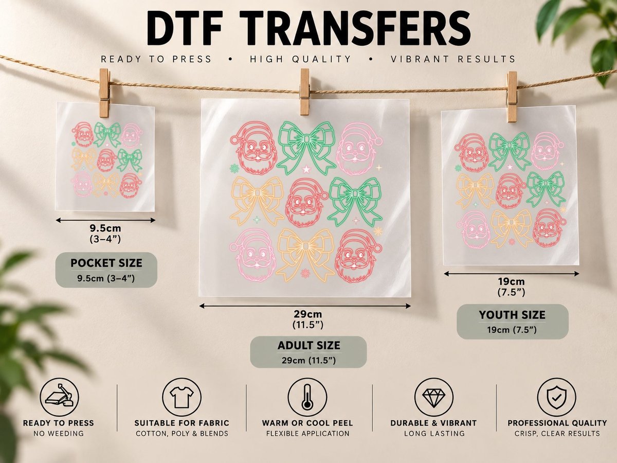 Neon Santa Faces & Bows Christmas, Christmas Graphic DTF Transfer Iron On