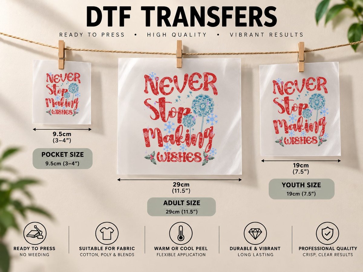 Never Stop Making Wishes Winter, Festive Holiday DTF Transfer Iron On